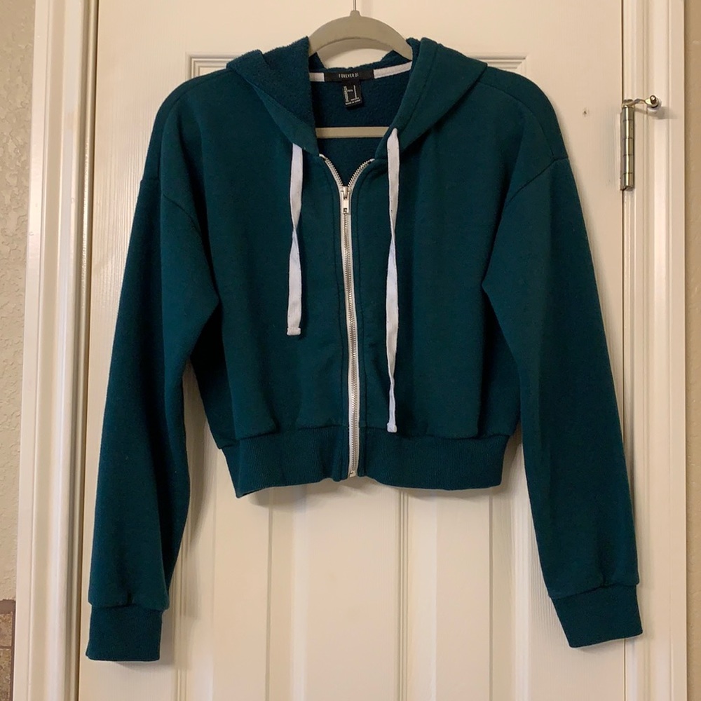 FOREVER 21 EMERALD GREEN ZIP UP SWEATSHIRT S